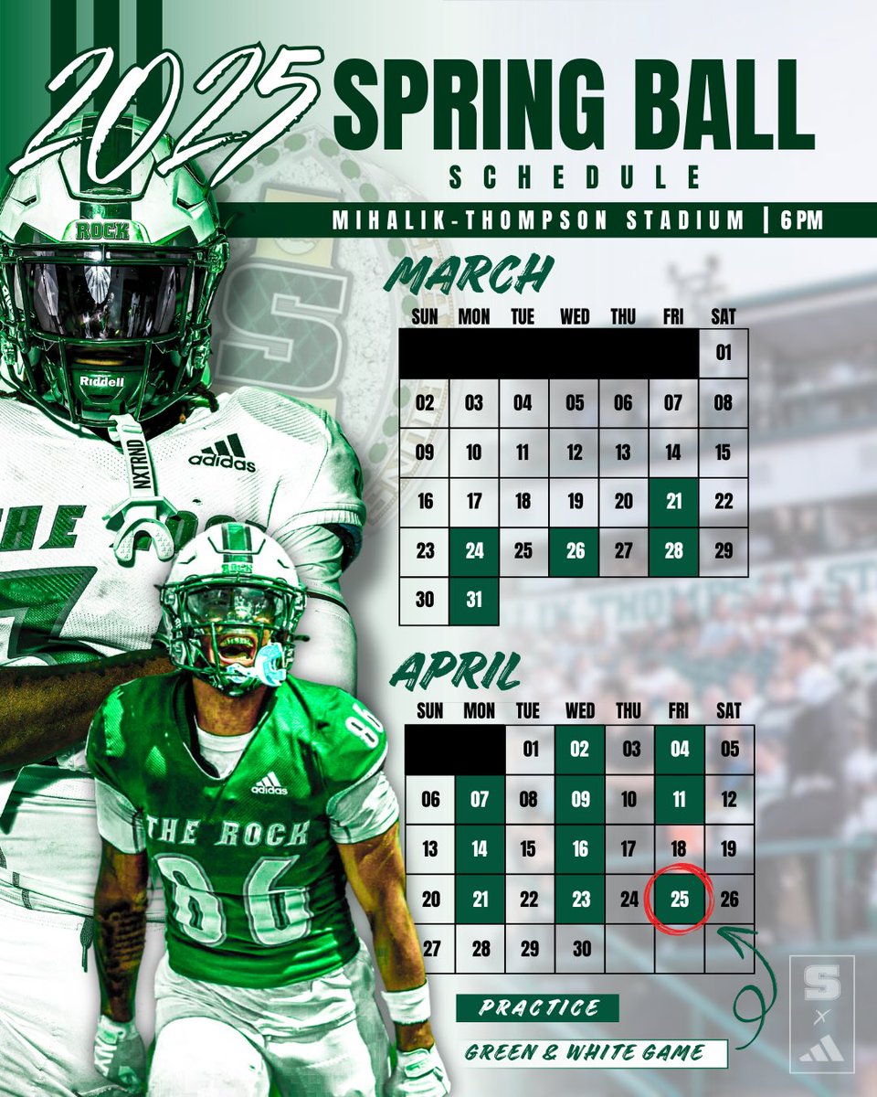 🚨 𝟐𝟎𝟐𝟓 𝐒𝐏𝐑𝐈𝐍𝐆 𝐒𝐂𝐇𝐄𝐃𝐔𝐋𝐄 🚨

Mark your calendars for our GREEN &amp; WHITE GAME on APRIL 25! 🏈🪨💚

#relentless #springball