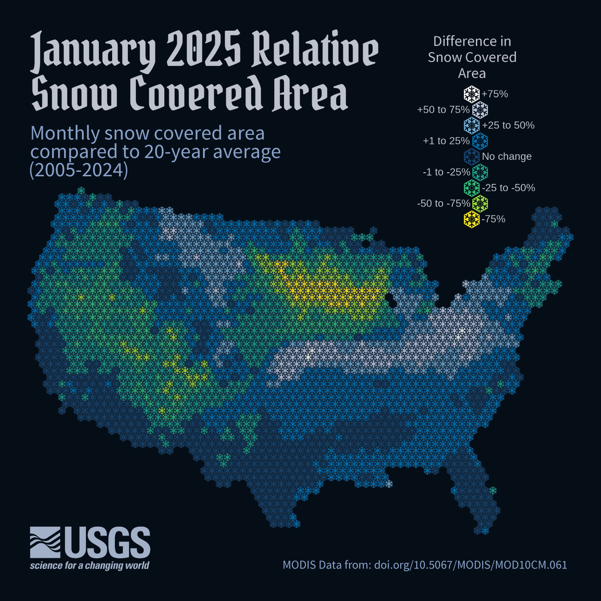 USGS_Water's tweet photo. January brought rare snow levels to the Southeast and lower Midwest, yet the Upper Midwest and much of the West continue with a lack of their usual snow.
#SnowyScience #Data https://t.co/Y2NSlvC4VK