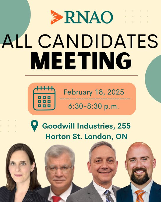 RNAO's tweet photo. RNAO's Middlesex-Elgin Chapter wants to ensure Ontarians place health and the underlying determinants of ill health top of mind as they head to vote this Feb. 27.

📢Londoners: Attend the debate tonight and seek answers to your questions from all London North Centre riding candidates.

Doors open 6:30 p.m. ET.

Learn more & register: https://t.co/KJoyqTJk61

Don't forget to read #RNAOPlatform before you cast your vote: https://t.co/EdhdvPja3z
#onpoli #ONelxn