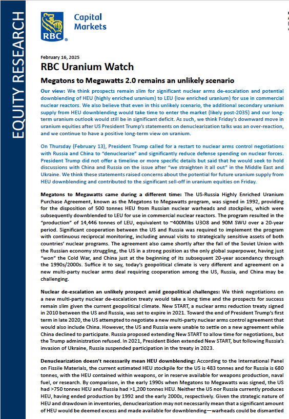 CorleoneDon77's tweet image. #uranium #nuclear 

$SRUUF $CCJ $NXE $UEC $DNN

Attached is page 1 from RBC Capital Markets 'Uranium Report' issued on 2/16/25 entitled:

"Megatons to Megawatts 2.0 remains an unlikely scenario"

RBC's 'View' on uranium as per the report is as follows:

"We think prospects remain…