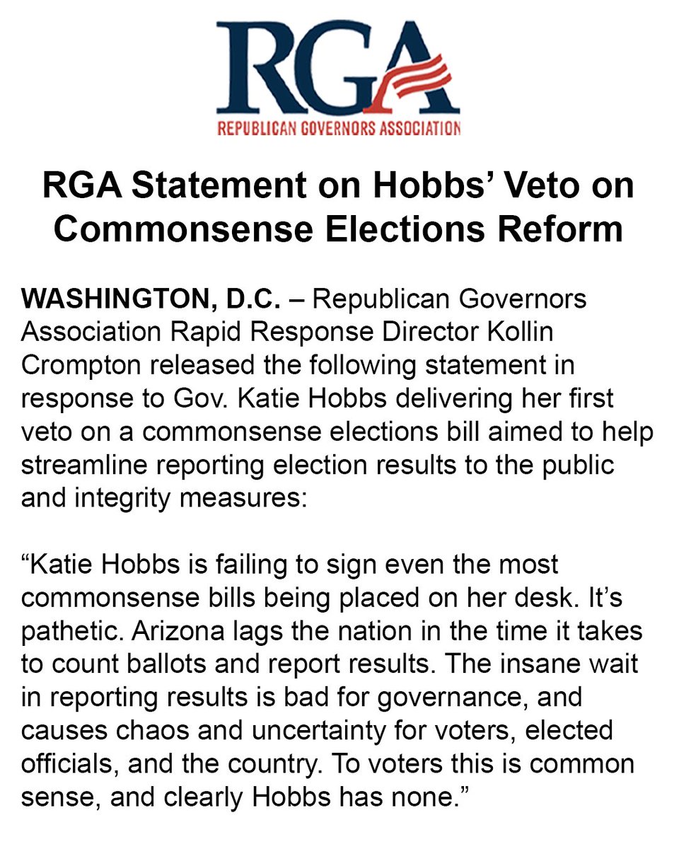 GOPGovs's tweet photo. 🚨@GovernorHobbs just vetoed commonsense elections reform.

Arizona lags the nation in counting ballots and in the time it takes to count ballots and report results.

Reform is common sense, and clearly Hobbs has none. https://t.co/fI1ogSI5S6