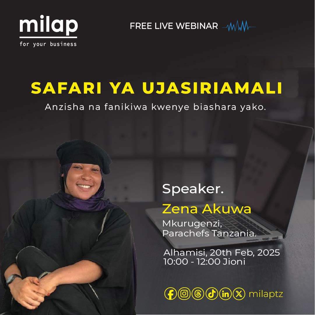 milaptz's tweet photo. Safari ya ujasiriamali ina hadithi nyingi.
Chef Zena @ChefZenny atatupa hadithi tofauti. 

Jisajili sasa: https://t.co/SKTxQyok2z

📅 Tarehe: 20 Februari 2025
⏰ Muda: Saa 10:00 - 12:00 jioni.
📍Zoom

#Usiogopekuanza #ujasiriamali #vijana https://t.co/cHSHKUkT5J