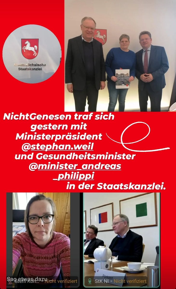 NichtGenesen's tweet photo. Gestern haben sich 3 Mitglieder von  NichtGenesen Niedersachsen mit Ministerpräsident Weil und Gesundheitsminister Philippi in der Staatskanzlei getroffen. Weitere 3 Mitglieder haben das konstruktive Gespräch per online-Zuschaltung unterstützt.  Besprochen haben wir dabei die medizinische Versorgungslage von Patienten mit Long Covid, Post Vac und ME/CFS, Forschung zu den genannten Erkrankungen und die Möglichkeit für erkrankte Kinder, das Recht auf Bildung wahrzunehmen. Im gemeinsamen Gespräch wurde deutlich, dass der Bedarf an Fachambulanzen das aktuelle Angebot bei Weitem übersteigt, wünschenswert wären 8 Ambulanzen in Niedersachsen. Außerdem sind flächendeckende Fortbildungen notwendig, um das Verständnis und die Aufmerksamkeit für diese Erkrankungen bereits an der Basis zu erhöhen. Zur schulischen Bildung von erkrankten Kindern haben wir deutlich gemacht, dass die Familien häufig auf sich allein gestellt sind und die Beschulung vom Einsatz der einzelnen Schulen oder Lehrkräfte abhängt. Hier fehlen Vorgaben vom Ministerium, die von den Schulen umgesetzt werden, ebenso wie die Möglichkeit zum digitalen Distanzlernen mittels Avatar.
