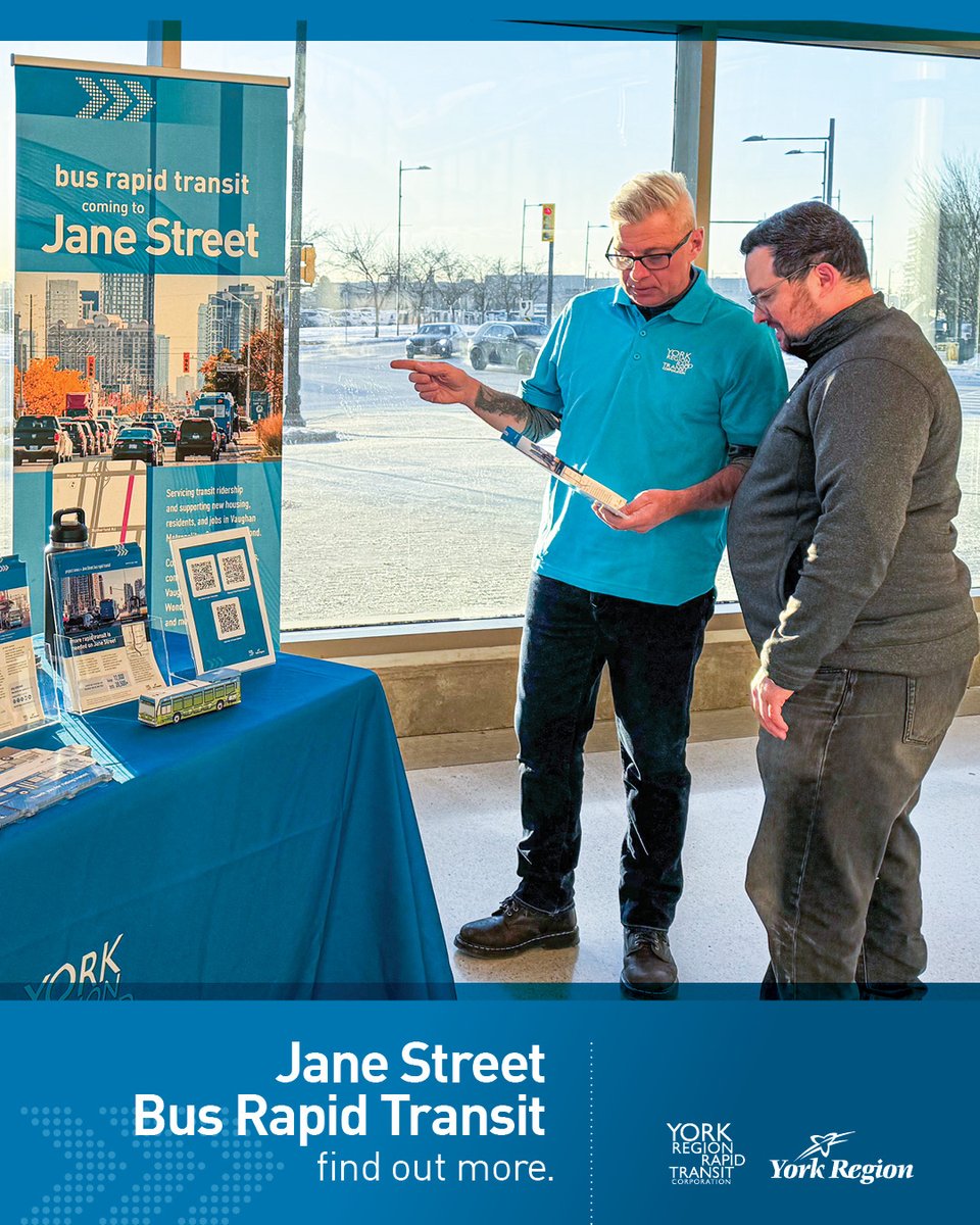 Interested in the future of transit on Jane Street in Vaughan? 

Chat with the project team on Feb 19, 4-6pm at the YMCA, David Braley Vaughan Centre, 200 Apple Mill Road. 

Subscribe for updates: yrrtc.ca/jane_brt 🚍