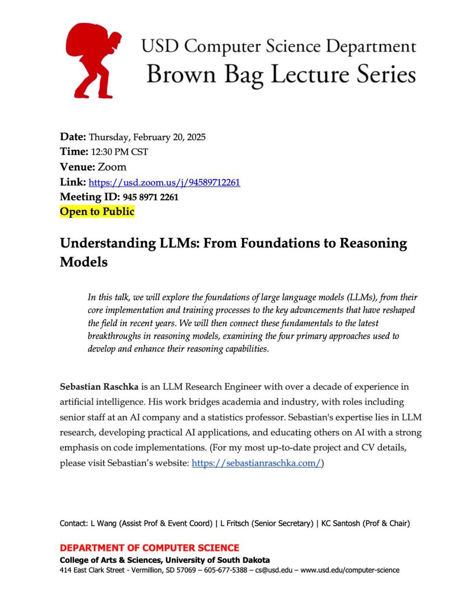 USD Computer Science Department Brown Bag Lecture Series: come and join us (open to public). hashtag#artificialintelligence hashtag#machinelearning hashtag#largelanguagemodels