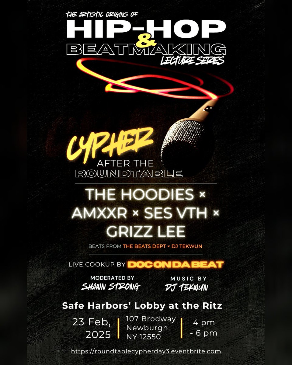 This Sunday, February 23rd, from 4p to 6p, we're talking and rapping Hip-Hop. The culture, the creativity and the future of independent artists.

Lobby at the Ritz, 107 Broadway, Newburgh, NY 12550

The Artistic Origins of Hip-Hop and Beatmaking Day 3

Date: Sun, Feb 23 • 4 pm