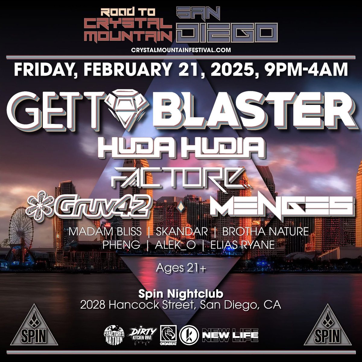 Coming up this Friday the Road To Crystal Mountain Tour next stop is in the beautiful San Diego, CA. 

Road to Crystal Mountain feat GETTOBLASTER, HUDA HUDIA + more 

At Spin San Diego 

With top acts from around the country all performing in one night across 2 stages!