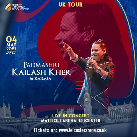 *** Tickets on Sale Wed 19th Feb 5pm ***
Prepare for a night of soul-stirring music as the legendary Kailash Kher and his band Kailasa take to the stage of the Mattioli Arena, Leicester.
Experience a mesmerising evening of incredible talent, high energy and captivating melodies.