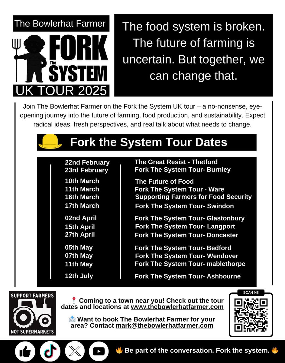 foodfindershub's tweet photo. The Bowler Hat Farmer is announcing a U.K. wide tour! 🔥🙌🔥

Together we will return sovereignty to U.K. food production. 

We must build local networks of producers and growers and packers and distributors! 

Come along and learn how! Fork The System! 

https://t.co/bTrb3ume0m https://t.co/2sABK28Hyw