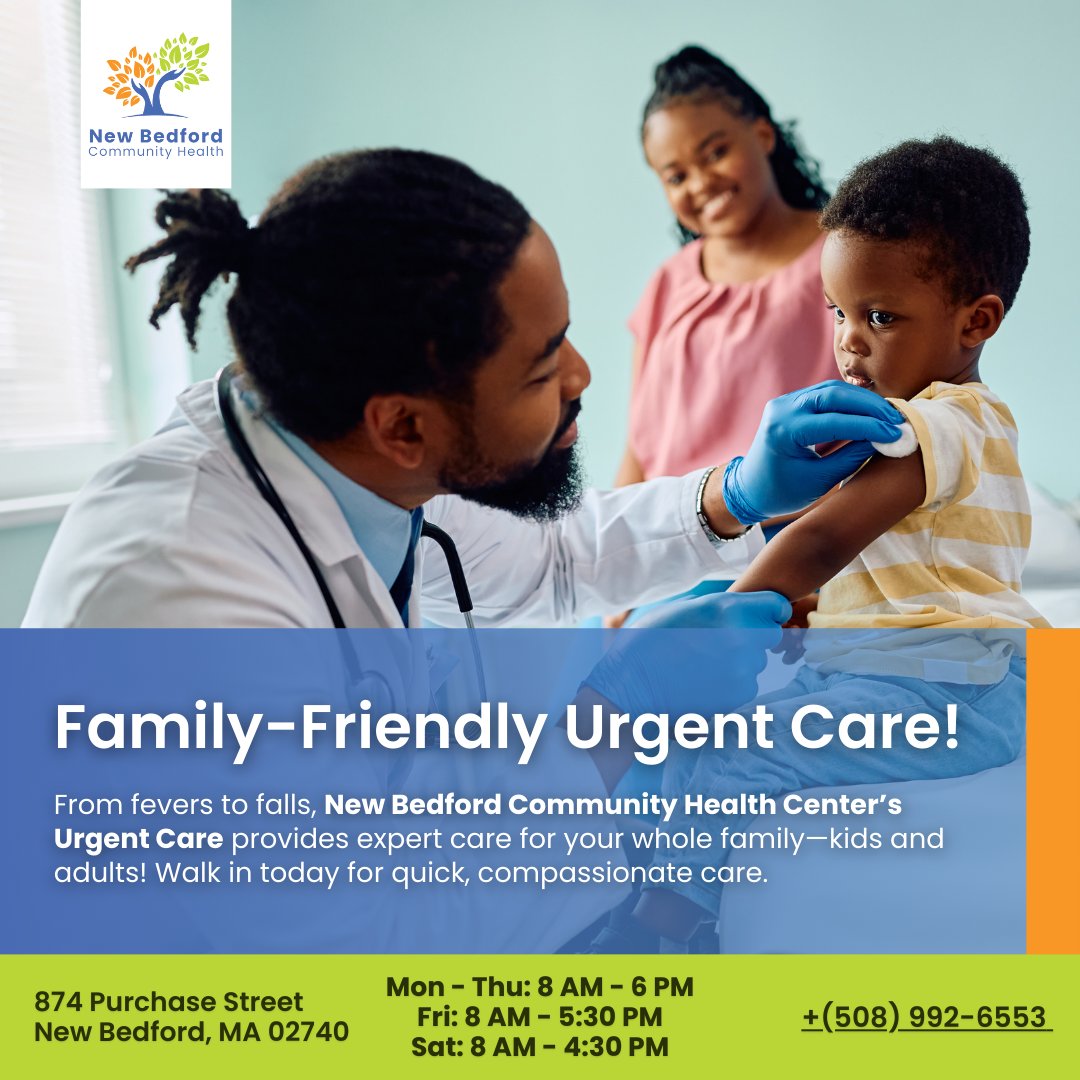 NBHealthCenter's tweet photo. 👨‍👩‍👧 Your family’s health is our priority! Whether it’s a sprained ankle or a sudden fever, our urgent care team is here to help your loved ones feel better fast. 💕 Walk-ins welcome! Learn more: https://t.co/xhi8ZKj6nI #FamilyCare #UrgentCareForKids #NewBedfordHealth https://t.co/ETyXJ6pDzi