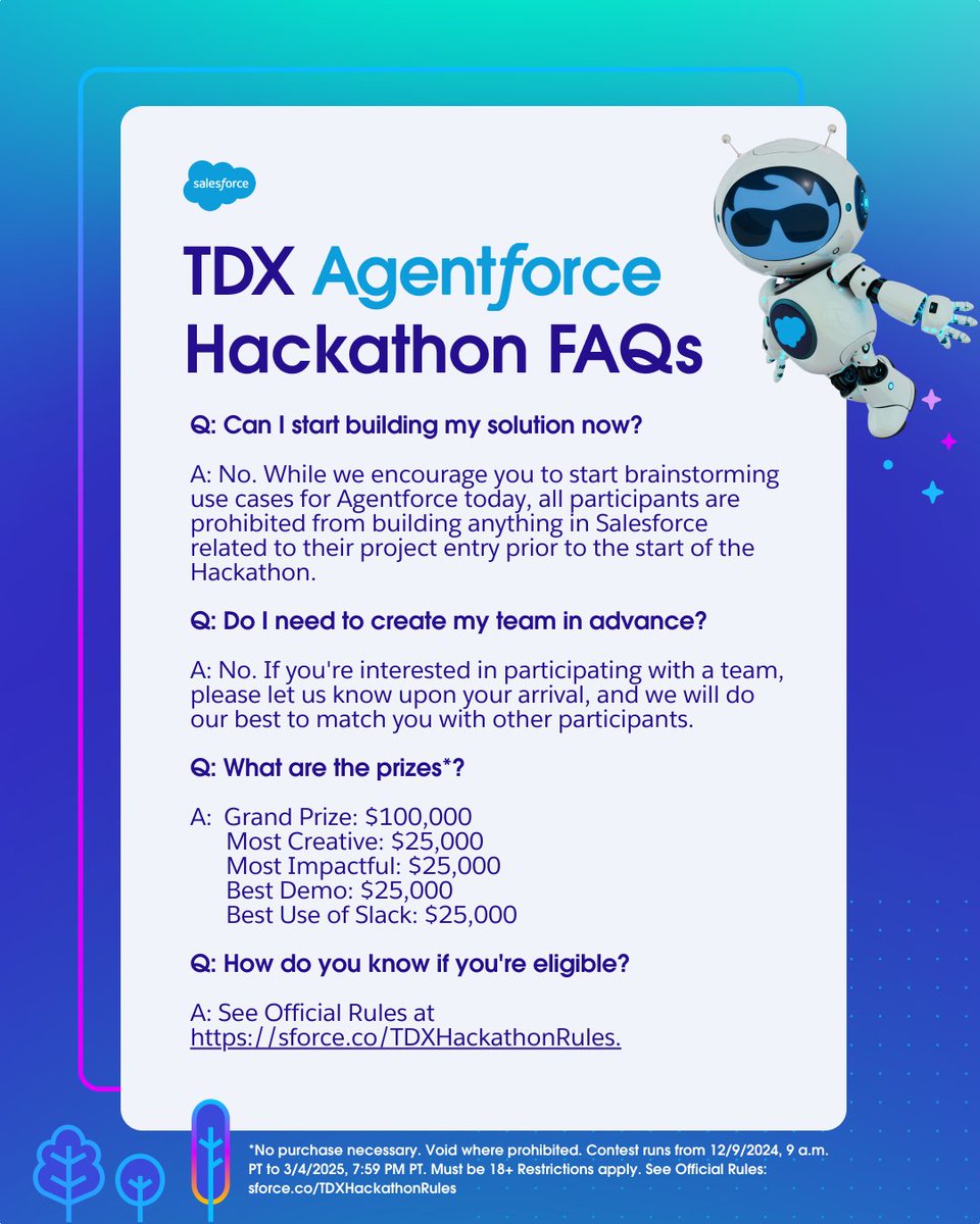 SalesforceDevs's tweet image. Got questions about the #AgentforceHackathon happening before #TDX25? We&apos;ve got answers! Join us to: 

🤝 Partner with fellow Agentblazers
🛠️ Build groundbreaking agents 
💵 Compete for next-level prizes 

Register today: sforce.co/4b41O4g 

Terms apply. #SFContest