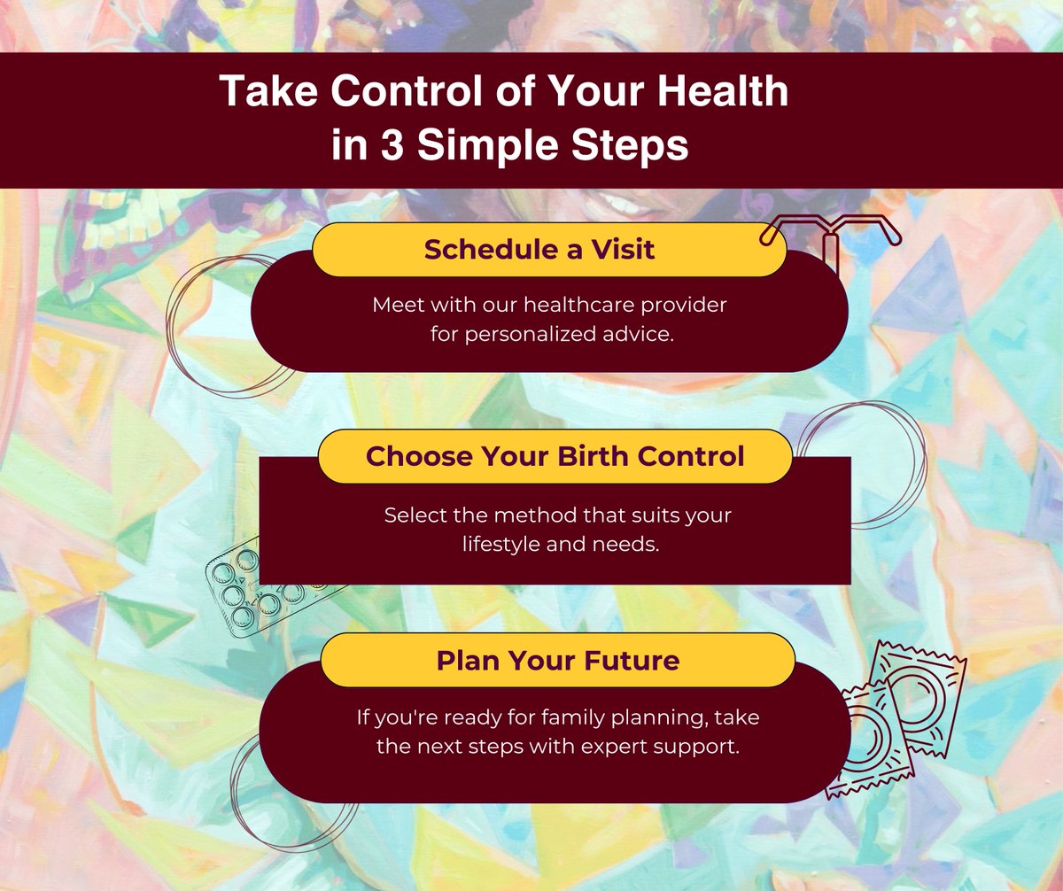 Take Control of Your Health in 3 Simple Steps:
1️⃣ Schedule a visit with our provider
2️⃣ Choose the birth control method that fits you best
3️⃣ Plan your next steps in family planning
For personalized support and guidance, contact CUHCC to learn more.
