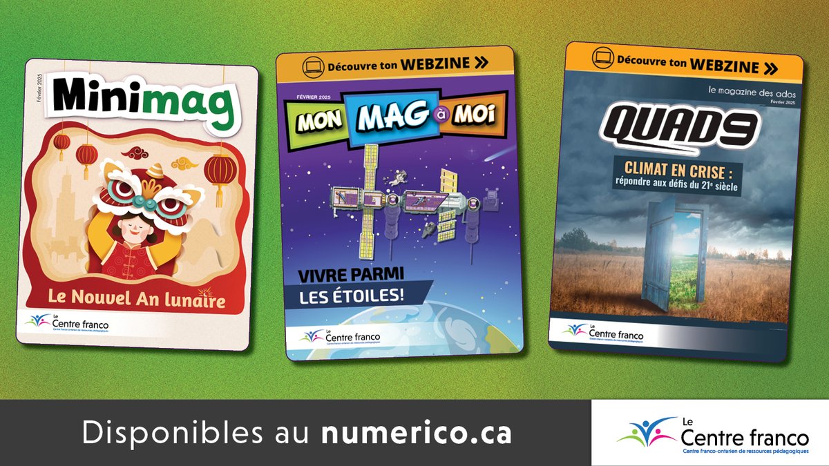Explorez les nouvelles parutions du Minimag, du Mon mag à moi et du QUAD9 sur numérico dès maintenant! Découvrez avec vos élèves une panoplie d’articles intéressants sur le Nouvel An lunaire, l’espace ou les changements climatiques. Ils sont disponibles au numerico.cforp.ca