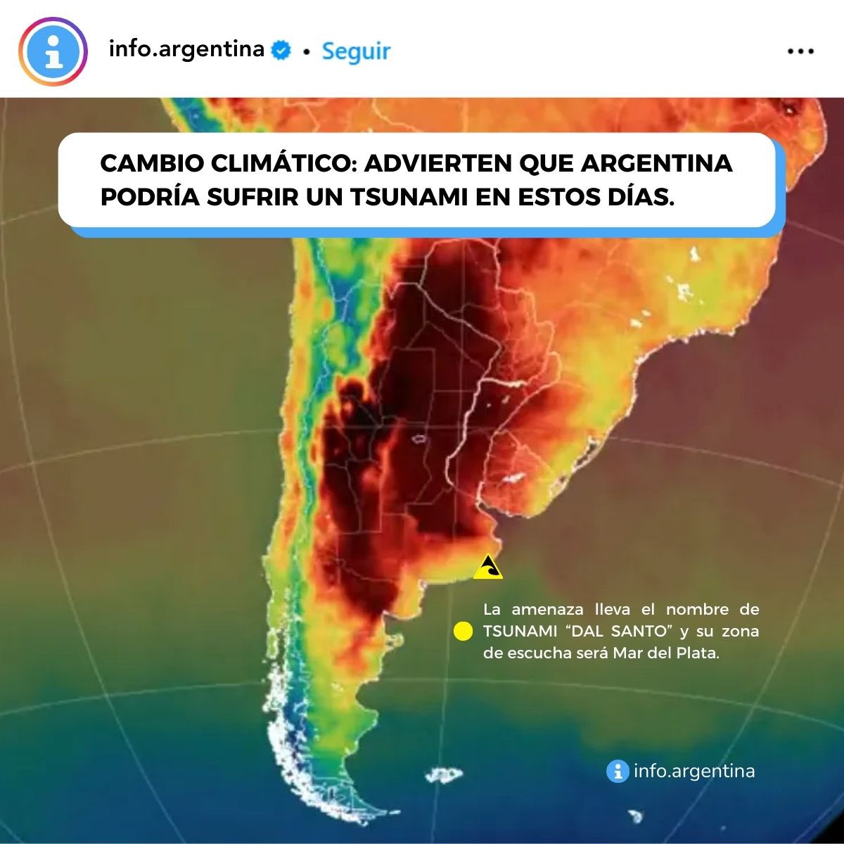 🚨ALERTA: EXPERTOS ADVIERTEN SOBRE LA LLEGADA DEL "TSUNAMI DAL SANTO"
(Argentina) – Investigadores y especialistas han comenzado a registrar indicios de un fenómeno de gran magnitud que podría alcanzar su punto máximo el próximo 20 de febrero. A pesar de la incertidumbre en torno