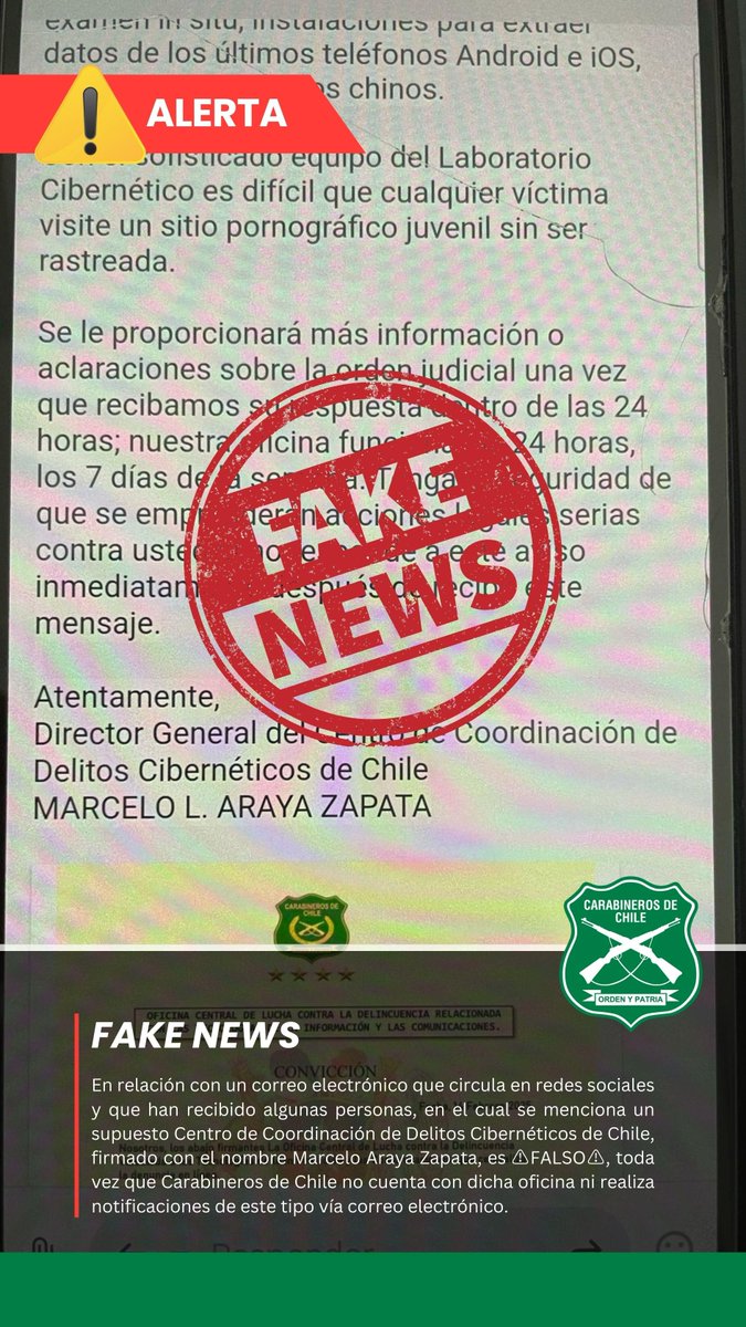 CarabNuble's tweet photo. 🚨#Urgente: Correo electrónico que circula en redes sociales como "Centro de Coordinación de Delitos Cibernéticos de Chile", con el nombre Marcelo Araya Zapata, es ⚠️FALSO⚠️ Les recomendamos siempre informarse a través de canales oficiales, para  evitar ser víctima de estafas. https://t.co/eZj1FrjnOr