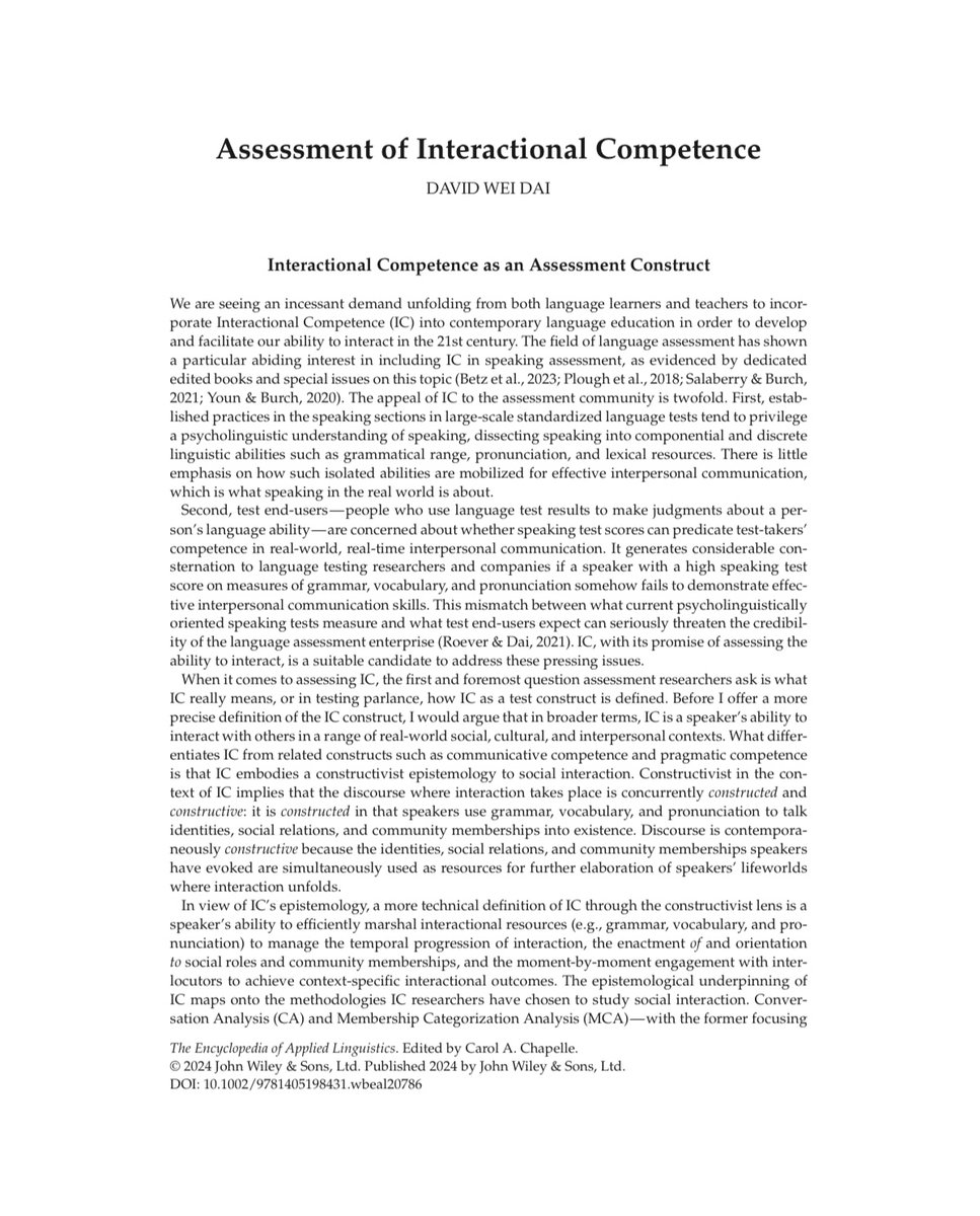 drdavidweidai's tweet image. Glad to share that my entry on Assessment of Interactional Competence has been published in the Encyclopedia of Applied Linguistics! For a copy:
researchgate.net/publication/38…