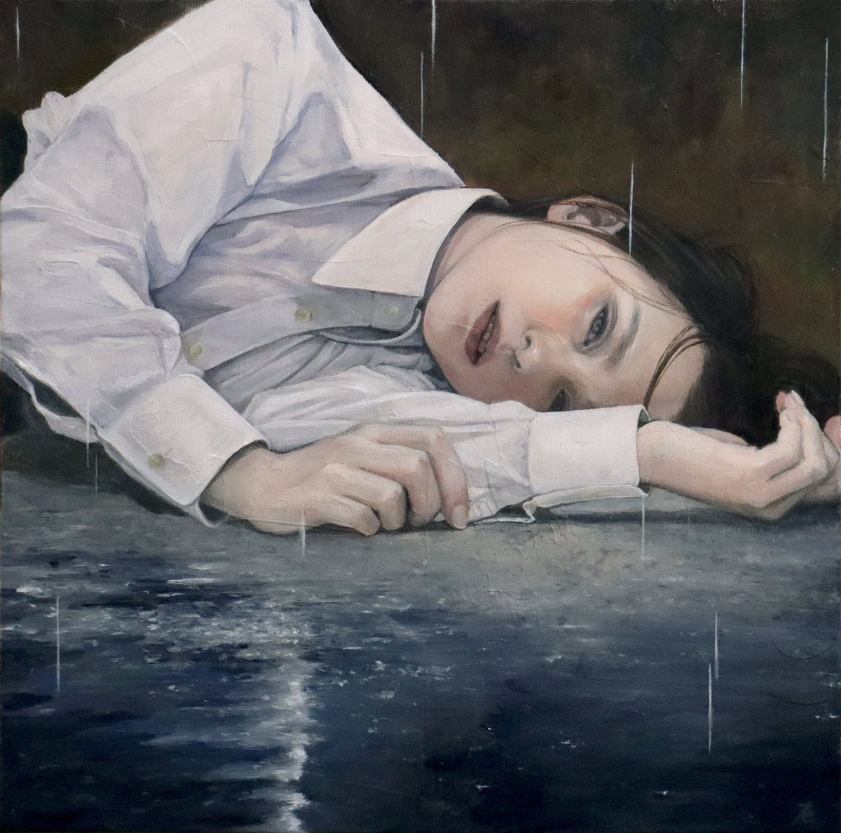 落ち葉をダイナミックに画面いっぱいに。F12号。保田三友紀の油彩