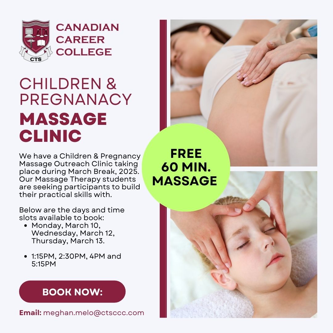 CTS Canadian Career College (@ctsccc) on Twitter photo #Outreach!
If you are pregnant or have a child (under the age of 18) that is looking for a consult and have a one hour session performed by one of our students (supervised by Registered Massage Therapists), then send us an email: meghan.melo@ctsccc.com.
#CareersfortheNorth #Outreach!
If you are pregnant or have a child (under the age of 18) that is looking for a consult and have a one hour session performed by one of our students (supervised by Registered Massage Therapists), then send us an email: meghan.melo@ctsccc.com.
#CareersfortheNorth