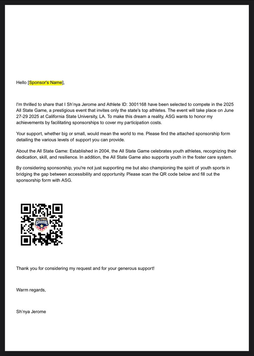Hey everyone, My daughter sh’nya has been selected to be apart a great event called the “All State Game”, she would get the opportunity to play against the top talented athletes in the state and to be trained and coached by Elite level coaches. I am asking that if anyone wants to