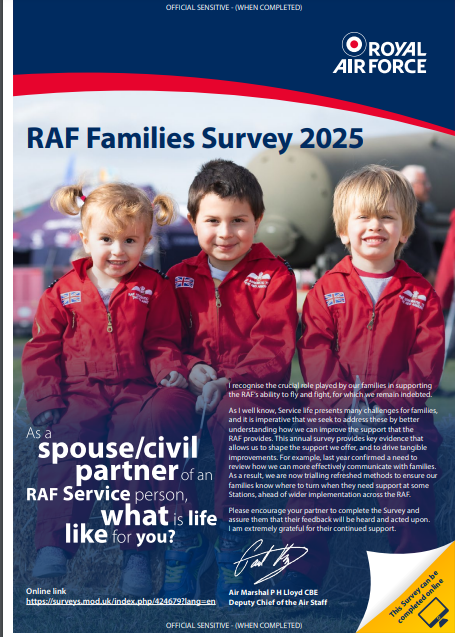 DigbyRaf's tweet photo. FamCAS 2025 Open📣

FamCAS is an opportunity for RAF spouses/civil partners to provide feedback on what they like and dislike about the RAF family life.

👀Invited families will receive an email and postcard, through the Service Person with guidance to take part . https://t.co/CtzO816yNO