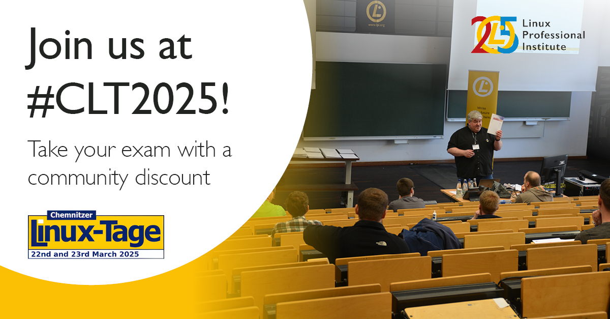 LPIConnect's tweet image. Join at #LPI at Chemnitzer #Linuxtage, in Germany, March 22nd - 23rd, and take any LPI exam with a community discount!

Don’t forget to stop by our booth to explore how #FOSS certification can help you reach your next career milestone: lpi.org/r2hb

@clt_news