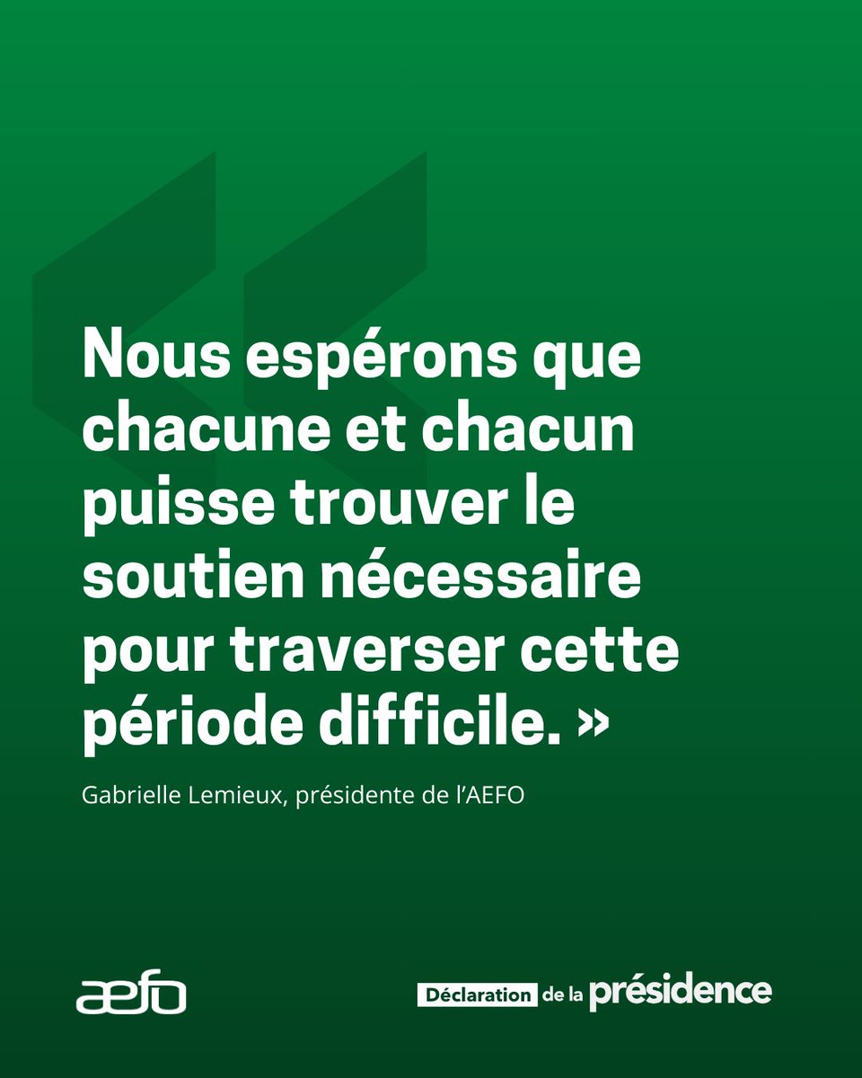 OTTAWA, 18 février 2025 – Gabrielle Lemieux, présidente de l’AEFO a émis la déclaration suivante en lien avec le décès de madame Isabelle Dutrisac, enseignante à l’École secondaire catholique Béatrice-Desloges à Orléans, survenu le 17 février 2025 :
aefo.on.ca/publication/de…