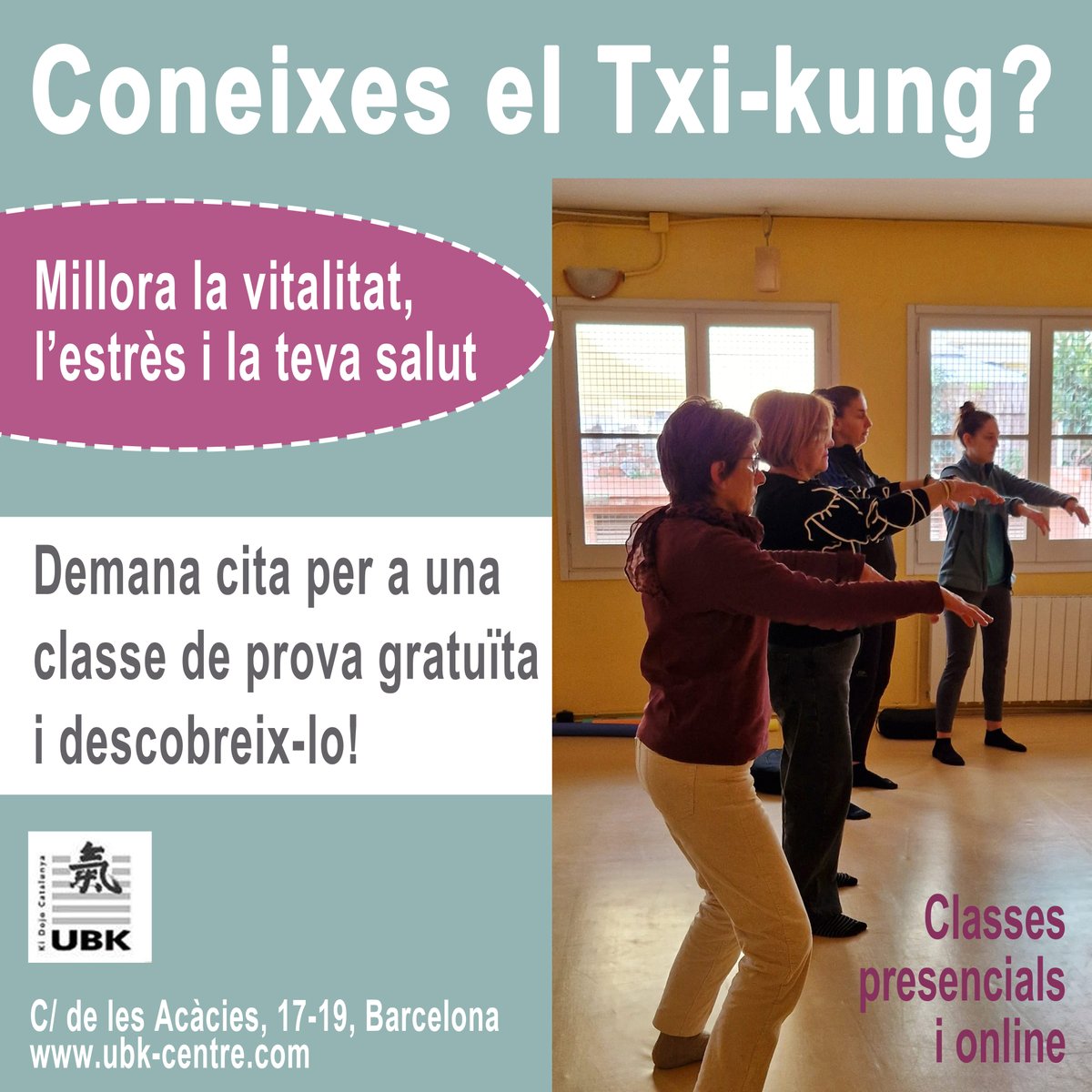 Coneixes el #Txikung (#qigong)?
Demana cita per a una classe de prova gratuïta i descobreix-lo!
Classes presencials de Txi-kung (qigong):
-Dilluns a les 20:15h
-Dimecres a les 19:00h
Classe online de Txi-kung:
-Dijous a les 9:00h
ubk-centre.com/classes-txi-ku…
#chikung #Barcelona #ki