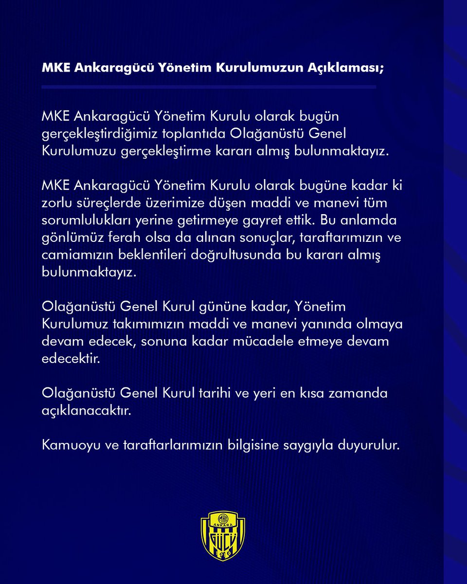 MKE Ankaragücü Yönetim Kurulumuzun Açıklaması;