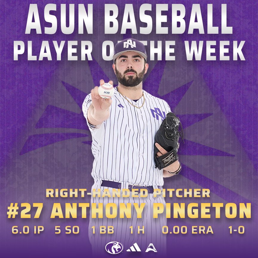 🚨ASUN PITCHER OF THE WEEK🚨

Senior RHP Anthony Pingeton wins the first ASUN Pitcher of the Week award of the 2025 season after his win over the Army Black Knights. Pingeton becomes the third Lion to win the award during the Division I era.

#RoarLions🦁