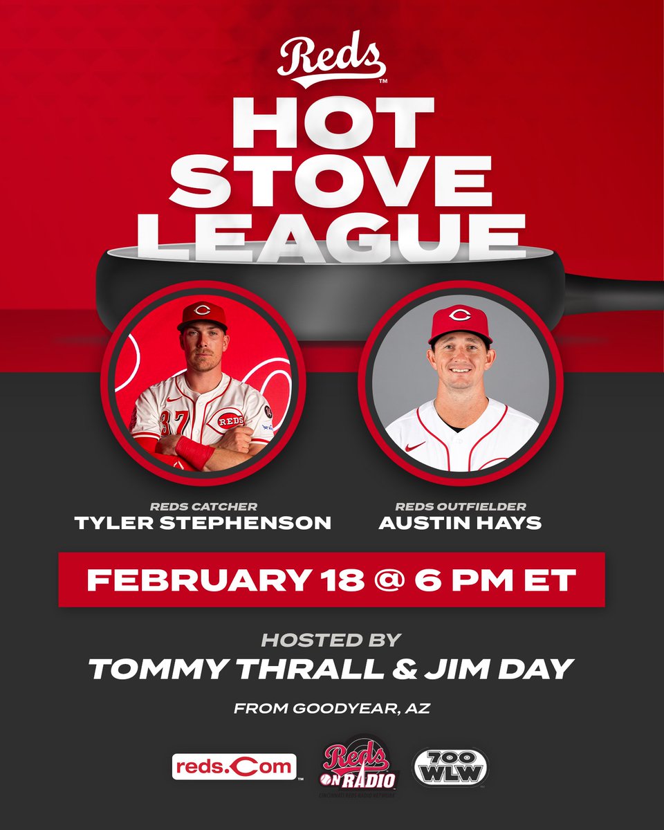 Tyler Stephenson and Austin Hays are tonight's guests on the Reds Hot Stove!  

📻 700WLW, Reds Radio Network stations &amp; reds.com/hotstove
