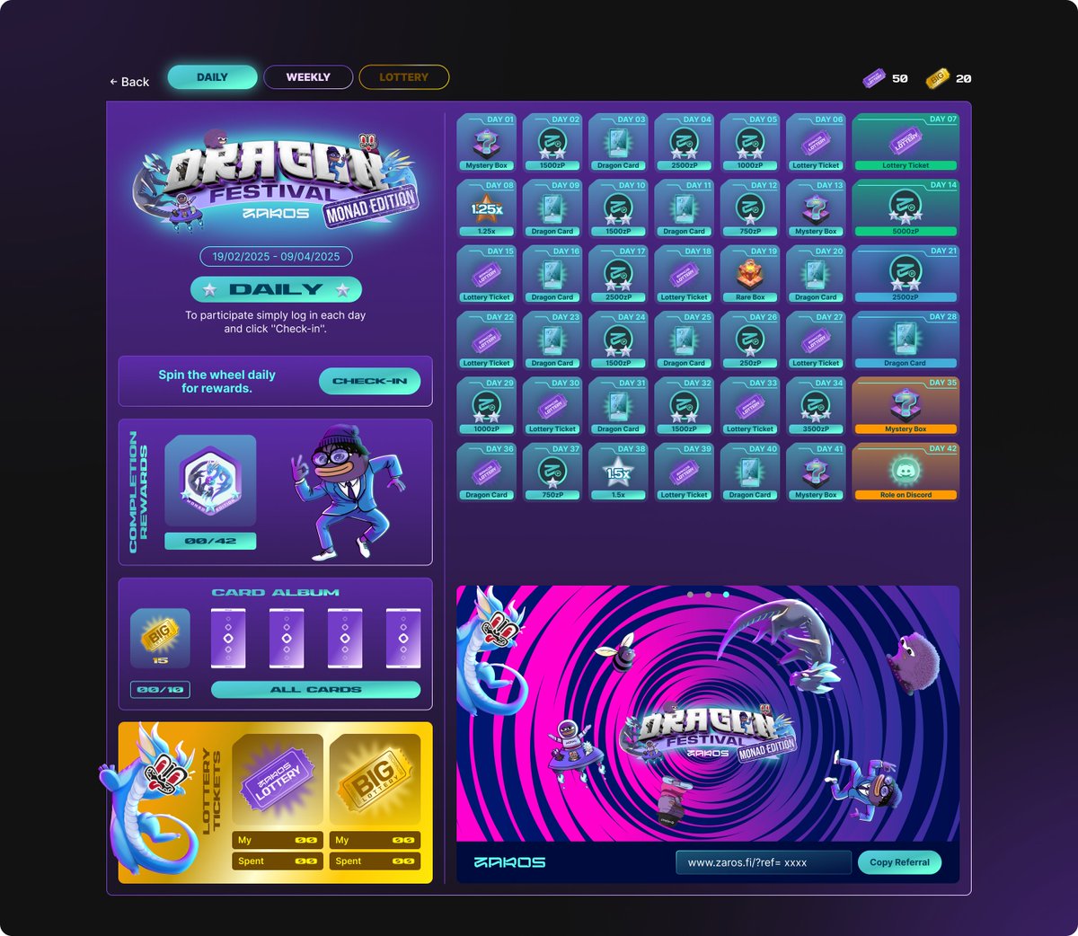 Announcing the DRAGON FESTIVAL: MONAD EDITION 💜🐉
 
This is your chance to farm EXCLUSIVE ZPOINTS REWARDS and potentially qualify for a future MONAD AIRDROP 🪂
 
We'll be hosting the second edition of Zaros' biggest festival exclusively on Monad, just like the original Dragon