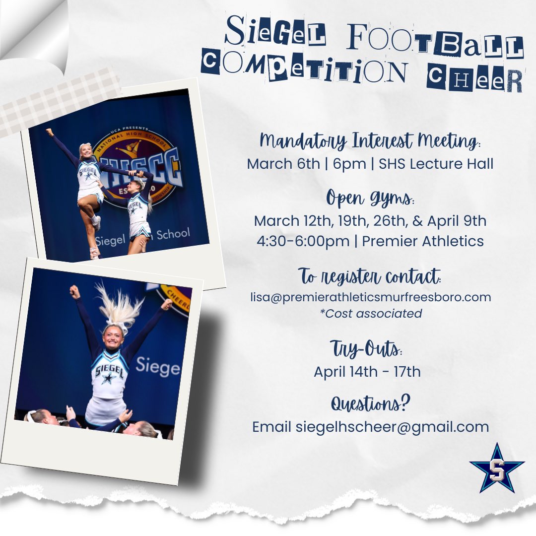 Interested in cheering with the TSSAA back-to-back State Champs? ⭐️ Mandatory Interest meeting on 3/6 at 6pm in the Lecture Hall. Try-outs will be April 14-17th.