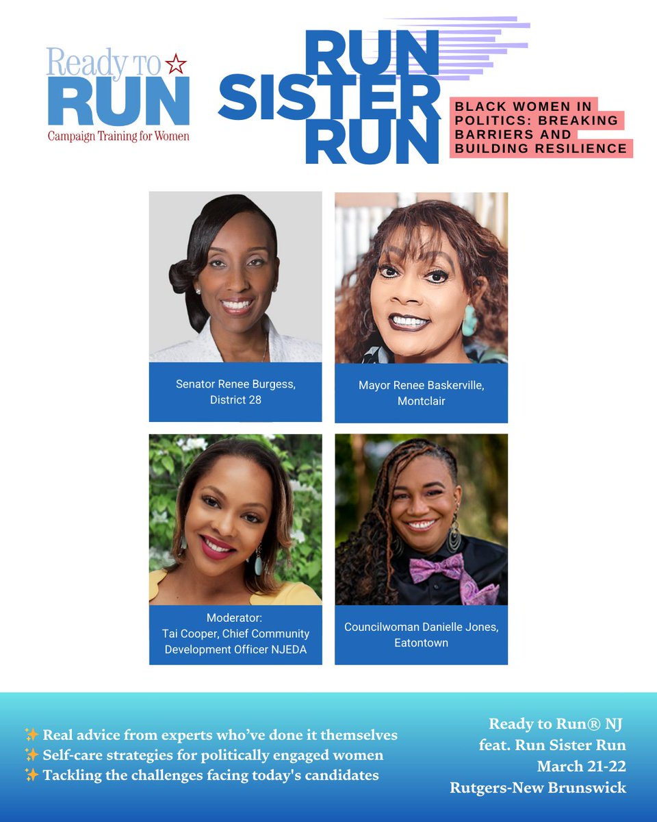 At Ready to Run® NJ, our pre-conference programs provide targeted training and support for women of color aspiring to enter politics. Meet our powerhouse panel speakers for each Ready to Run® NJ pre-conference and secure your spot as soon as possible: 
cawp.rutgers.edu/events/2025-re…