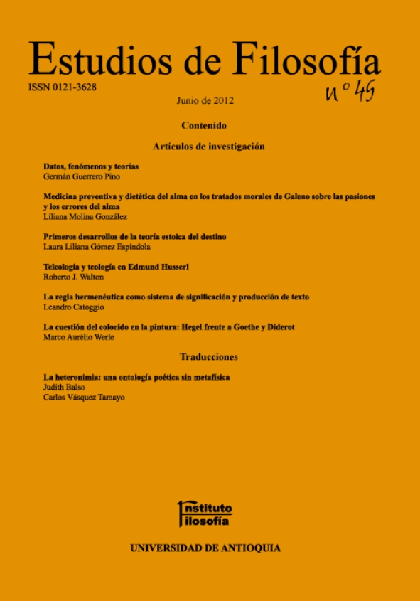 El editor recomienda:

- Werle, M. A., &amp; Restrepo , C. E. (2012). La cuestión del colorido en la pintura: Hegel frente a Goethe y Diderot. Estudios De Filosofía, (45), 123–148. doi.org/10.17533/udea.…