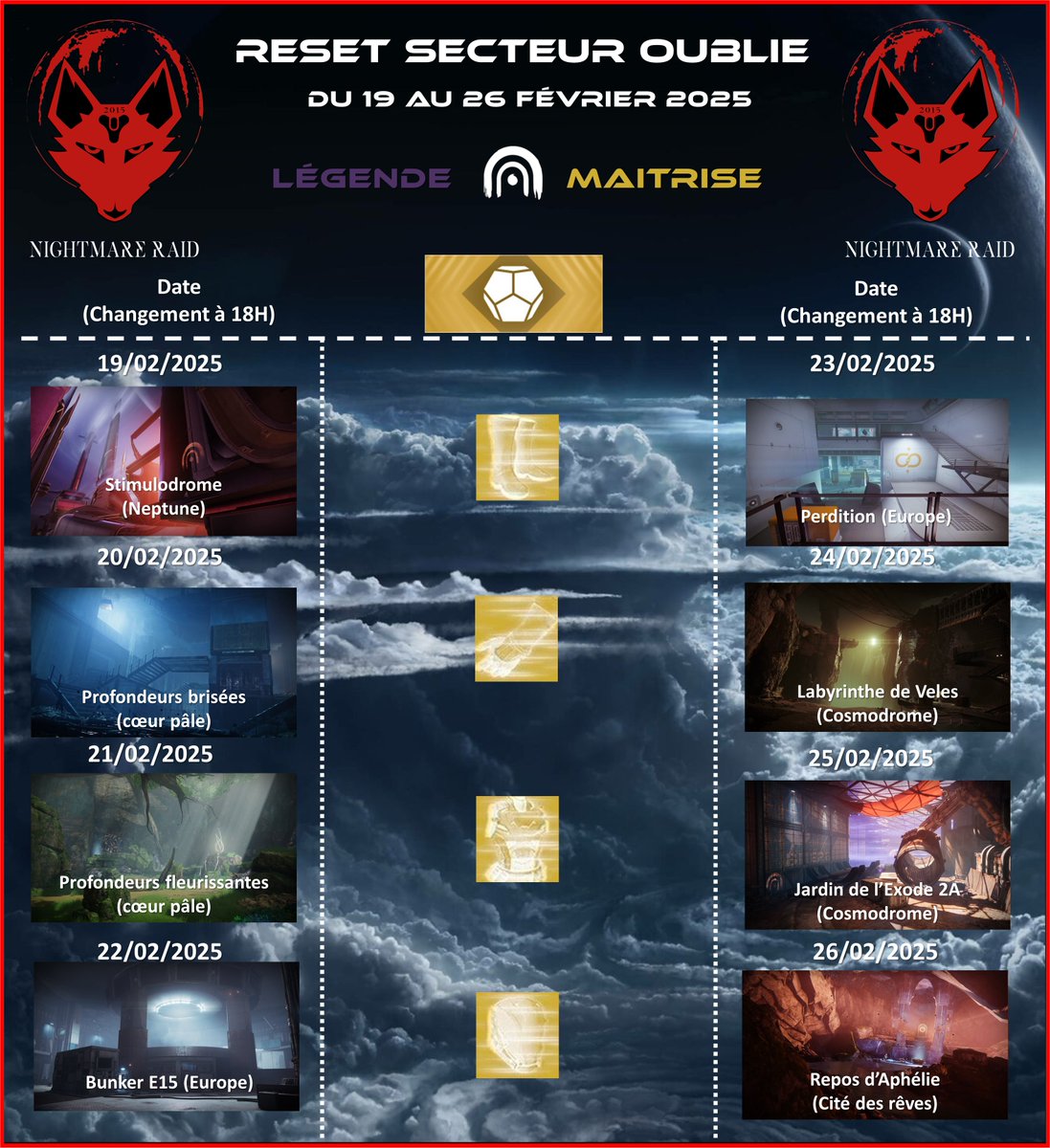 NightmareRaid's tweet photo. RESET SECTEUR OUBLIE
Voici le reset des secteurs oubliés du 19 au 26 février 2025.
#Destiny2 #reset #secteuroublie #19fevrier https://t.co/7elGv9Pf89