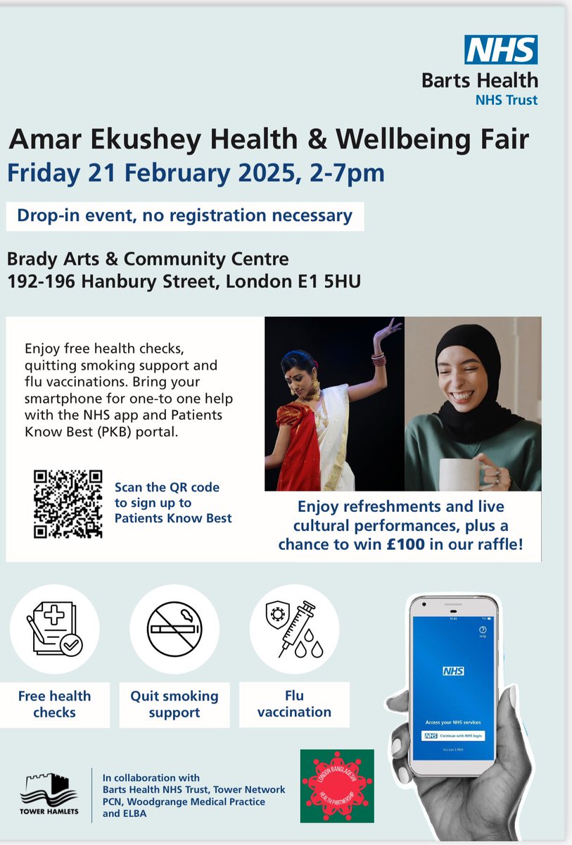 This Friday: Tower Hamlets cultural and creative health event commemorating and celebrating #AmarEkushey and special health fair and flu prevention for local residents.
📅 Friday, Feb 21, 2025
⏰ 2PM – 7PM
📍 Venue: Brady Arts &amp; Community Centre, 192-196 Hanbury St, London E1 5HU