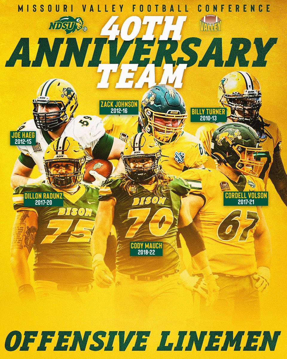 NDSU Football (@ndsufootball) on Twitter photo The Bison have 6๏ธโฃ offensive linemen on the <a href="/ValleyFootball/">Valley Football</a> 40th Anniversary Team, as selected by fans.
๐๏ธ gobison.info/3X15Kg7 The Bison have 6๏ธโฃ offensive linemen on the <a href="/ValleyFootball/">Valley Football</a> 40th Anniversary Team, as selected by fans.
๐๏ธ gobison.info/3X15Kg7