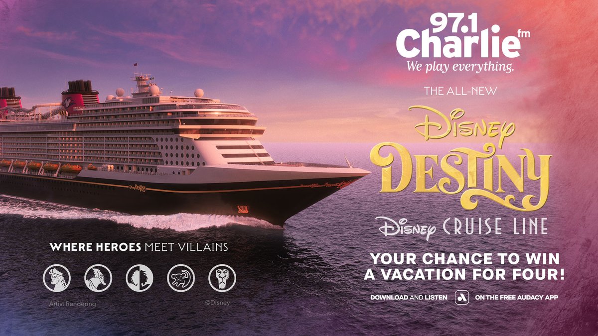 971CharlieFM's tweet photo. Your legend begins aboard the Disney Destiny, the all-new ship from Disney Cruise Line sailing November 2025! Log in and listen to 97.1 Charlie FM on Audacy for a chance to win a trip for 4 to set sail on the Disney Destiny in this national contest!

https://t.co/gIJrGcogl8 https://t.co/FduXDRG2hN