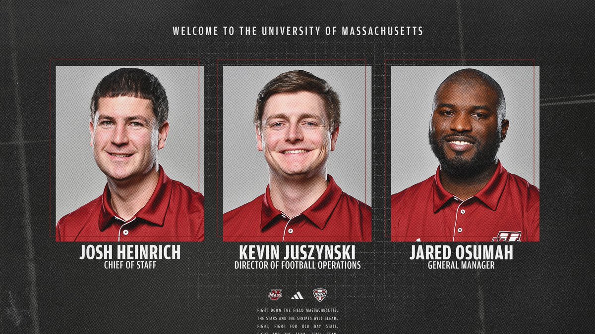 UMass Football (@umassfootball) on Twitter photo Welcoming our support staff to the #Flagship 🚩
<a href="/JHeinrich_UMass/">Josh Heinrich</a> ➡️ Chief of Staff
<a href="/kevin_juszynski/">Kevin Juszynski🧃</a> ➡️ Director of Football Operations
<a href="/Coach_Osumah/">JO</a> ➡️ General Manager
🔗 bit.ly/3EKV2nZ Welcoming our support staff to the #Flagship 🚩
<a href="/JHeinrich_UMass/">Josh Heinrich</a> ➡️ Chief of Staff
<a href="/kevin_juszynski/">Kevin Juszynski🧃</a> ➡️ Director of Football Operations
<a href="/Coach_Osumah/">JO</a> ➡️ General Manager
🔗 bit.ly/3EKV2nZ