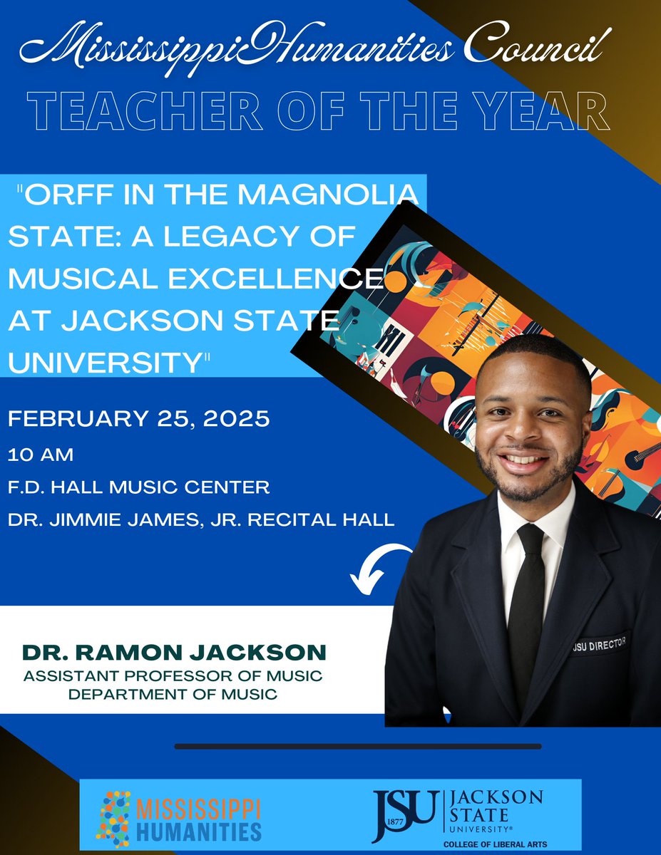 MWalkerCenter's tweet photo. Congrats Dr. Jackson for being awarded Teacher of the Year!

Dr. Ramon Jackson is Assistant Prof. of Music. Don't miss his talk, "Orff in the Magnolia State: A Legacy of Musical Excellence at JSU" on Feb. 25 at 10am in the F.D. Hall Music Center Dr. Jimmie James, Jr. Recital Hall https://t.co/Vzfravg7dz