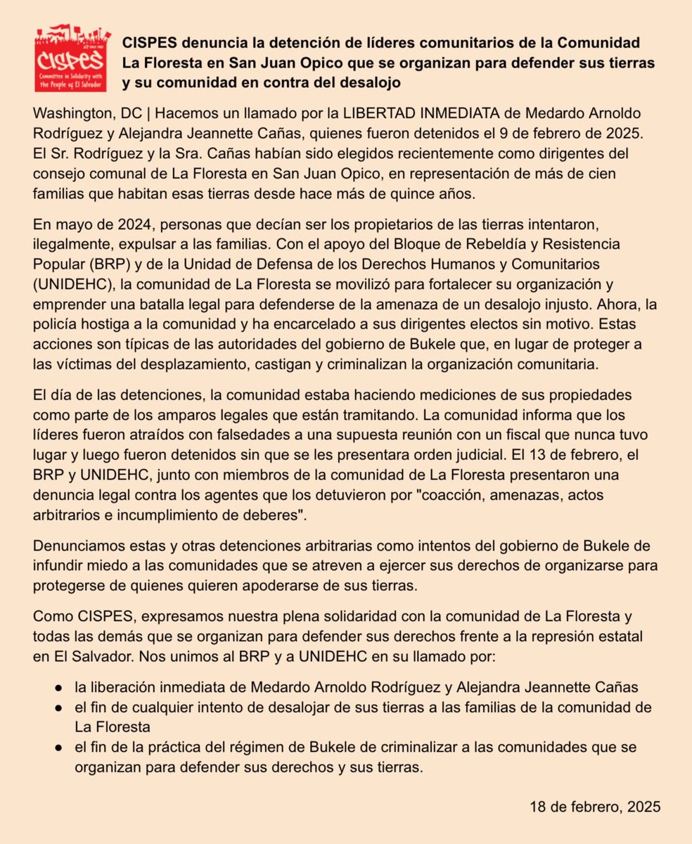 Organizaciones sociales denunciaron hoy la captura arbitraria de los líderes comunitarios de La Floresta en San Juan Opico, Medardo Arnoldo Rodríguez y Alejandra Jeannette Cañas. 

Según han comunicado las capturas se efectuaron el 9 de febrero bajo supuestos engaños. Los líderes