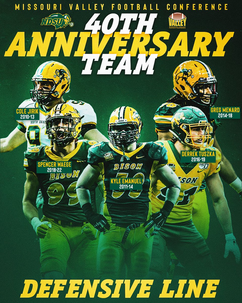 NDSU Football (@ndsufootball) on Twitter photo The Bison have five defensive linemen on the <a href="/ValleyFootball/">Valley Football</a> 40th Anniversary Team, as selected by fans.
🗒️ gobison.info/3X15Kg7 The Bison have five defensive linemen on the <a href="/ValleyFootball/">Valley Football</a> 40th Anniversary Team, as selected by fans.
🗒️ gobison.info/3X15Kg7
