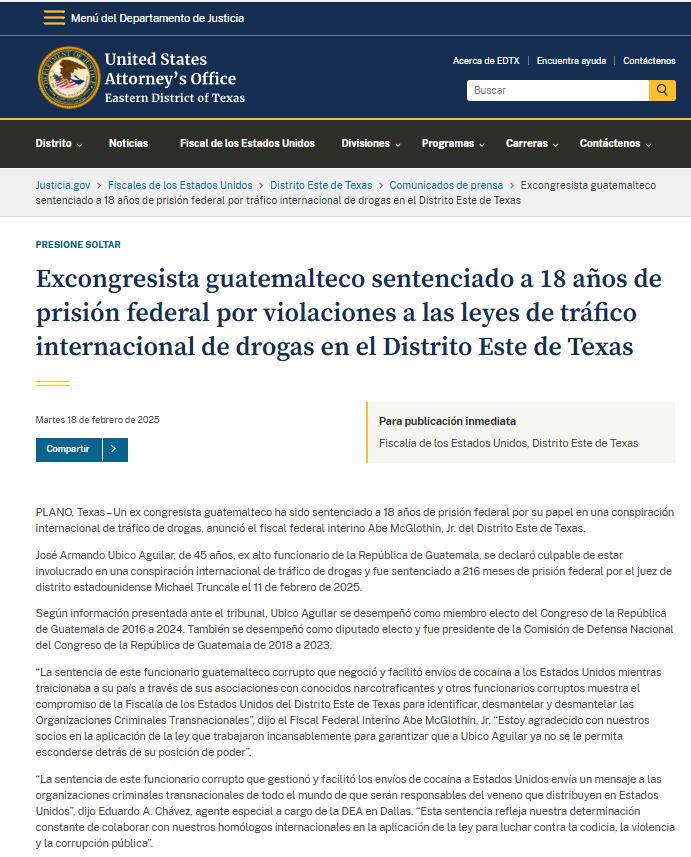 Factor4_GT's tweet photo. #URGENTE | Exdiputado José Armando #Ubico declarado culpable por conspiración de tráfico de Drogas en #EEUU. purgará 18 años de prisión.
"Ubico Aguilar admitió su papel en la conspiración, incluida la #transmisión de información relacionada con las drogas y moneda estadounidense a #otro funcionario guatemalteco en nombre de un #narcotraficante internacional".
La sentencia fue emitida por el Distrito Este de #Texas
La sentencia fue anunciada por el Departamento de Justicia de #EEUU, @JusticeDept_RP.