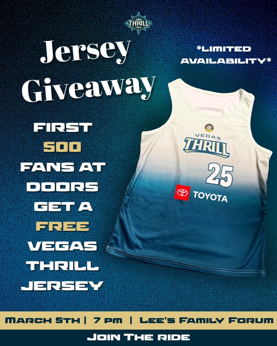 Gear up with us🏐👕

First 500 fans in the doors get a FREE Vegas Thrill Jersey. 

🏠 Lee’s Family Forum
📅 March 5th
🏐 7 PM
🚪 6 PM