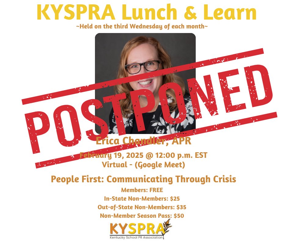 Due to current and incoming weather affecting much of the state of Kentucky, we have decided to postpone tomorrow’s Lunch &amp; Learn. It will be rescheduled for next month on Wednesday, March 19, 2025 at 12:00 PM EST! Stay tuned!
 
#SchoolPR
#KYSPRALunchandLearns