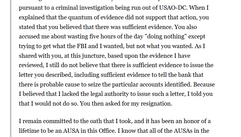 Head criminal prosecutor Denise Cheung told US Attorney in DC that he lacked the evidence -- and thus a legal justification  ---to demand a bank to freeze enviro grants issued by the Biden administration. He ordered her to issue  the freeze order anyway and she resigned, she