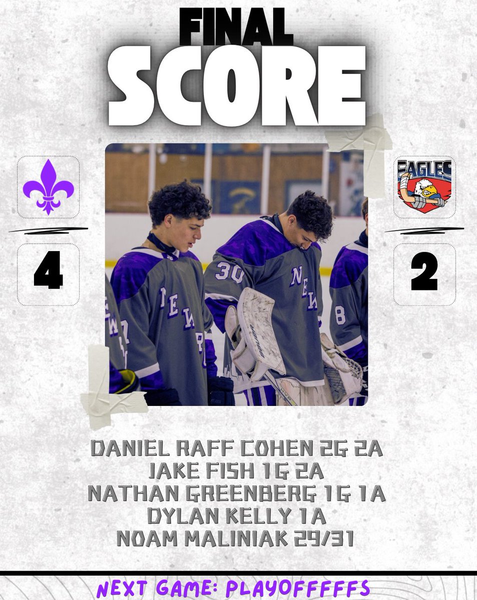 Last night.. Boys varsity ice hockey wins on senior night versus ETBE with a final score of 4-2.

Congratulations to Sr. captain jake fish on his 100th career point!

Daniel Raff Cohen 2G 2A
Jake fish 1G 2A 
Nathan Greenberg 1G 1A
Dylan Kelly 1A
Noam Maliniak 29 saves.