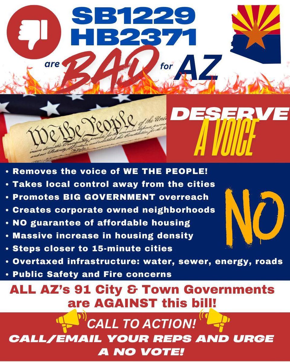🚨🏡 URGENT🏡🚨
AZ Legislature is pushing HB2371 &amp; SB1229, stripping local governments of housing authority. These bills have PASSED committee &amp; are headed to the floor for a vote!

🚨 ALL 91 city governments OPPOSE these bills! So why is the Legislature siding with developers?