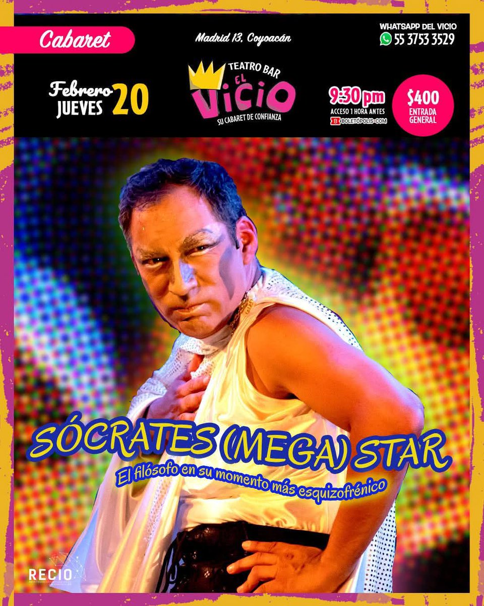 ro_teatro's tweet image. ¡No hagan enojar a Sócrates y aprovechen la promoción de los #MartesdelVicio!
SÓCRATES MEGA STAR
Jueves 20/02 9:30 pm.
Aparten su lugar en el WhatsApp de @elvicioteatro o en #boletopolis
#teatro #cabaret #QueVivaElVicio #sócratesmegastar #sócrates #filosofía #filoheleno
