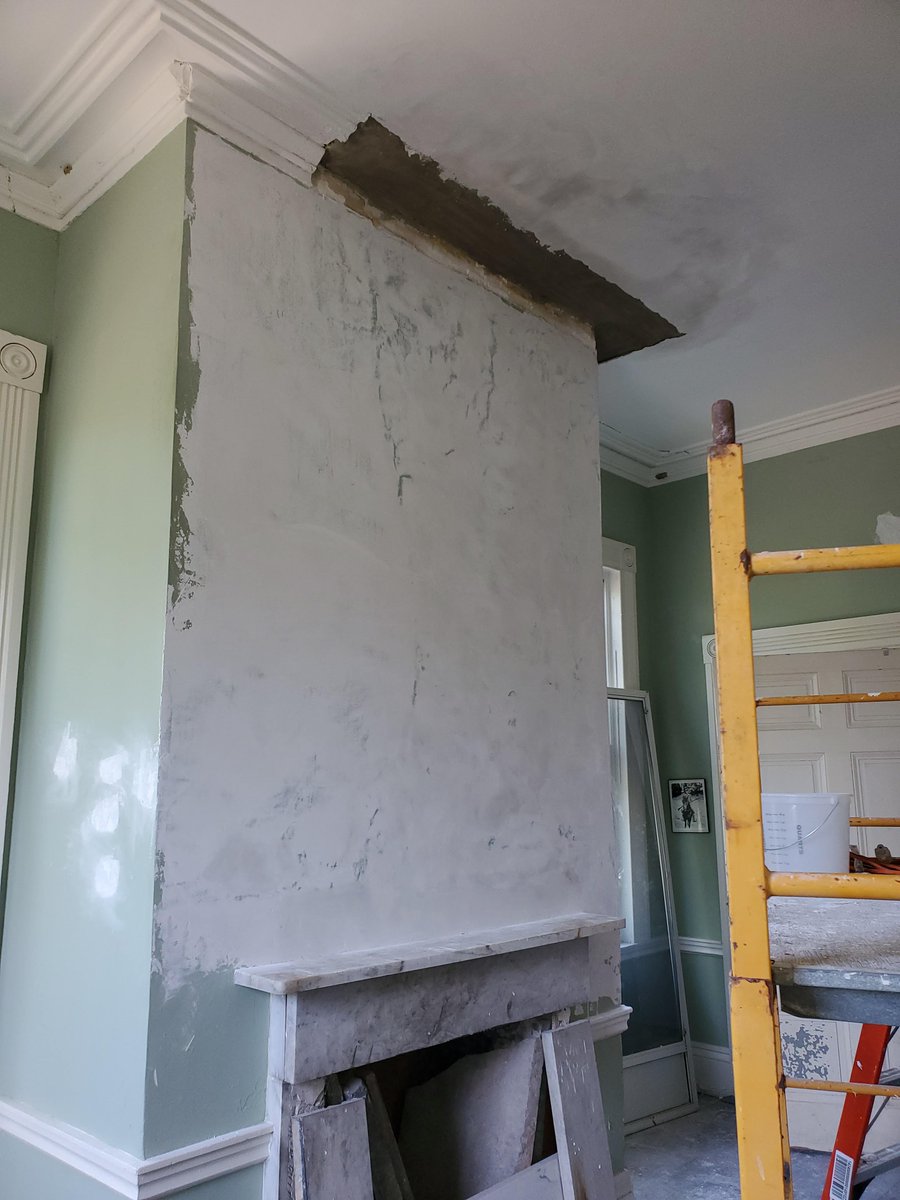 JSADLLC's tweet image. Skim coating the wall to alleviate the uneven surface. Rockwell house.